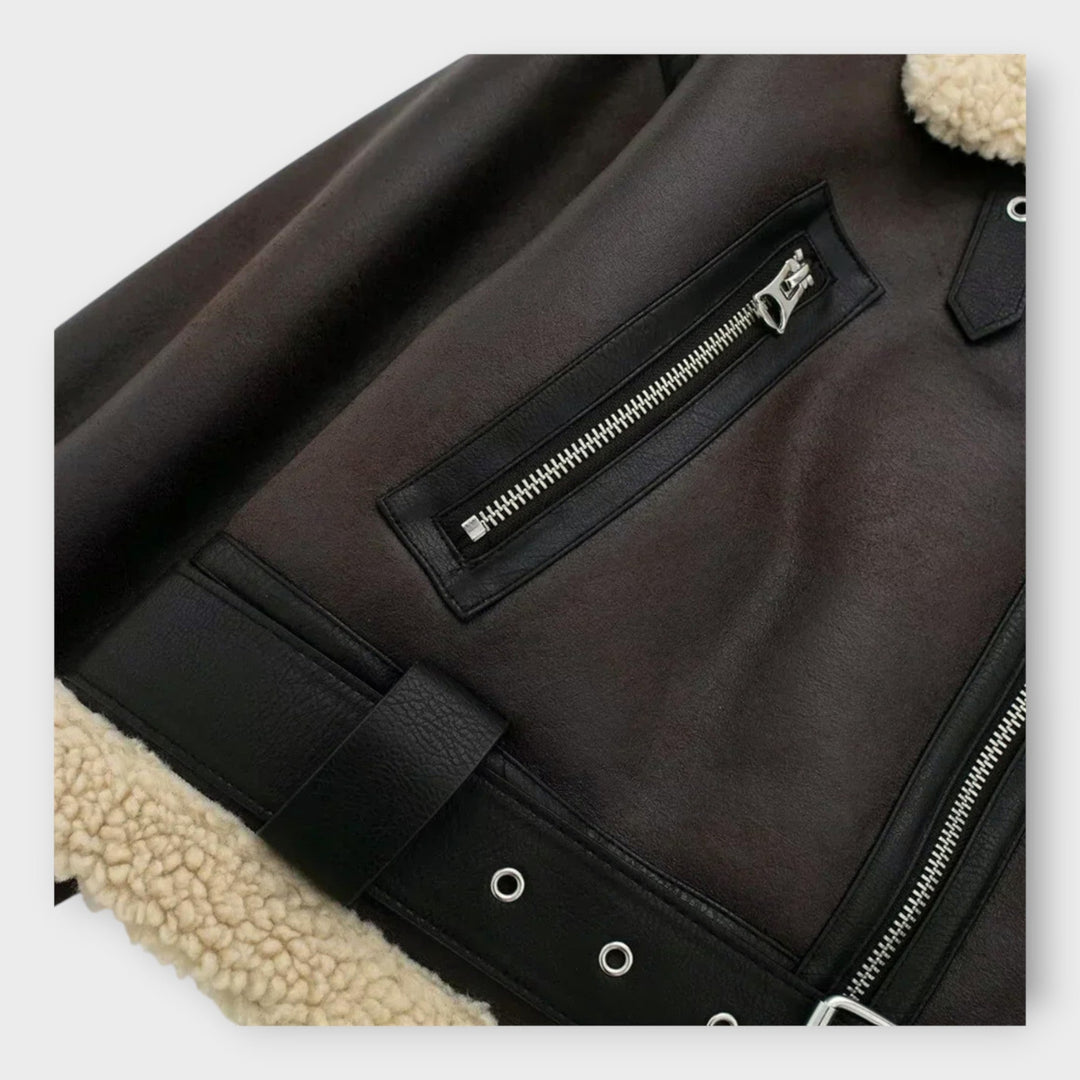 Δερμάτινο Κοντό Μπουφάν με Δέρμα και Ζώνη